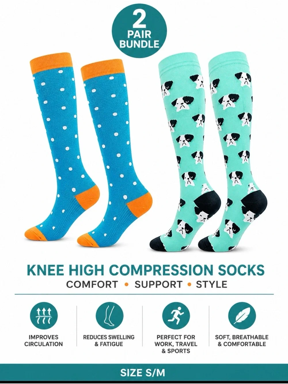 2 Pair Compression Socks Bundle S/M Polka Dot & Puppy Dog Knee High Graduated Su